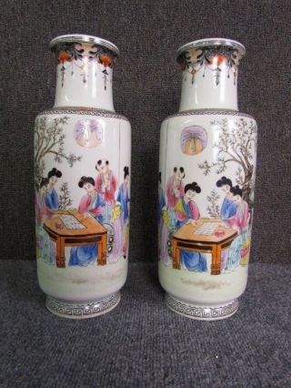 Antique Chinese Famille Verte Porcelain Vases,  Red Mark Signature