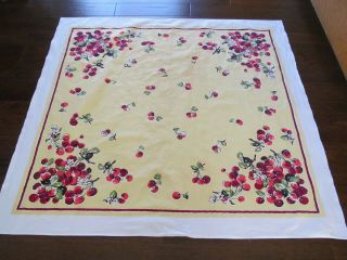 Vintage Yellow Paris Tablecloth Cherries Flowers With White Border Table Linens