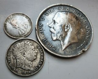 3 X Vintage Silver British Silver Coins Inc Sterling Silver Half Crown