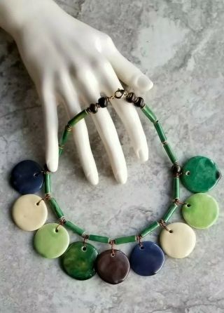 Vtg Hand Crafted Ceramic Pottery Glass Beaded Necklace Disc Pendant Charms Ooak