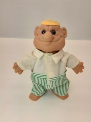 Vintage Russ Grandpa Troll Doll 4 1/2 " Old Man Golfer Yellow Visor Striped Pants