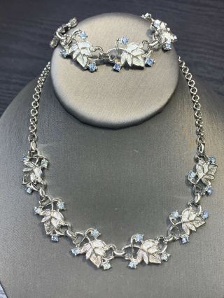 Vintage 1950’s Silver Tone Blue Rhinestone Leaf Necklace Bracelet Matching Set