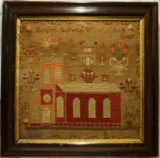 Mid 19th Century Church,  House & Motif Sampler By Margaret Roperts Age 14 - 1847