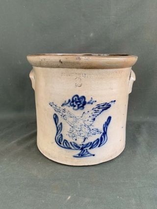 Antique Whites Of Utica 2 Gallon Stoneware Crock With Blue Eagle And Flower