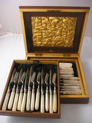 Mother Of Pearl George V Set 24 Silver 1912 Dessert Cutlery Knives And Forks
