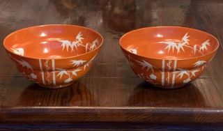 Pair Antique Chinese Porcelain Bowls Coral Ground Bats Bamboo 19th C Marked