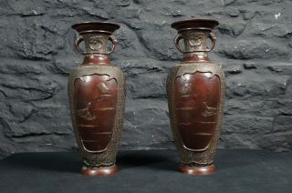 Antique Mirrored Japanese Meiji Period Bronze Vases Decorated With Birds