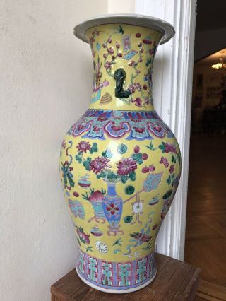 Large Antique Chinese Yellow Ground Famille Rose Porcelain Vase