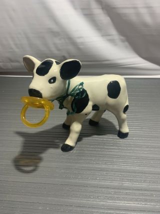 Vtg Ceramic Cow Calf Figure With Pacifier Binki Holder Dairy Farmers Baby Shower
