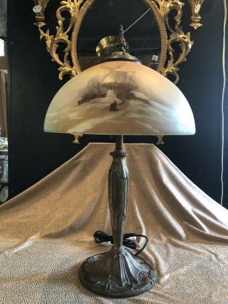 Antique 1920s Reverse Painted Winter Scenic Windmill Table Lamp