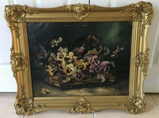 Frances George Antique Oil Painting On Canvas Still Life W/ Flowers