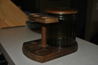 Vintage Three (3) Pipe Stand With Tobacco Humidor Jar