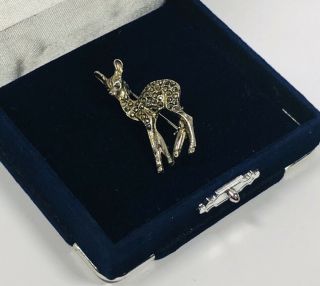 Vintage Brooch Silver Tone Marcasite Baby Deer Fawn Bambi Sparkly Kitsch Costume