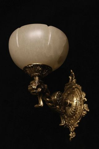 Single Solid Bronze & White Real Alabaster Wall Lights Sconces With Lion Head
