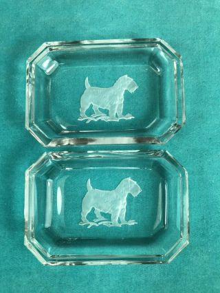 Vintage Intaglio Crystal Open Salts With Frosted Sealyham Terrier Dogs