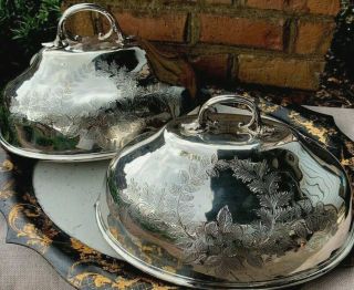 Pair Antique English Silver Plate Meat Food Domes Cloche