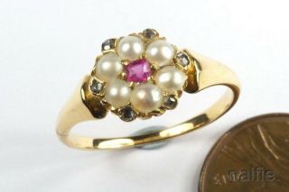 Antique Victorian English 18k Gold Ruby Pearl & Diamond Ring C1890