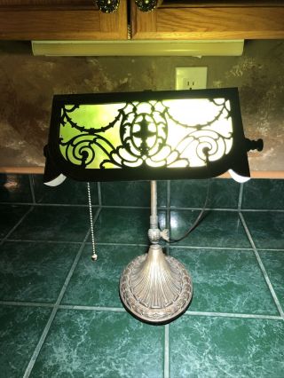 Antique Miller Bronze Piano Banker Desk Lamp Art Deco Slag Green Glass Shade
