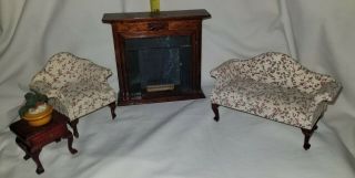 Dollhouse Vintage Living Room Furniture Sofa Chair Plant Table Fireplace 1:12