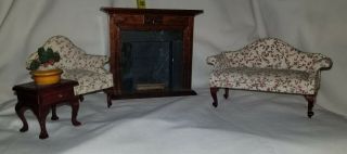 dollhouse vintage living room furniture sofa chair plant table fireplace 1:12 2