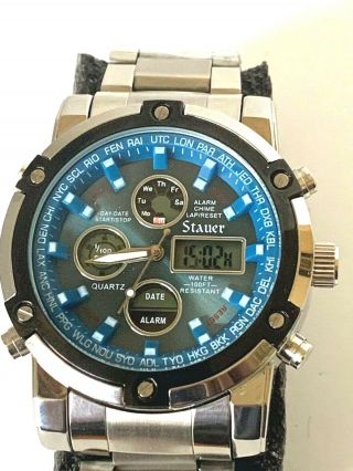 Stauer Mens Blue Stone Chronograph Wrist Watch Digital Analog Hybrid Led 33207