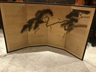 Vintage Mid Century Japanese Silk Screen 4 Panel Hand Made And Painted In Kyoto