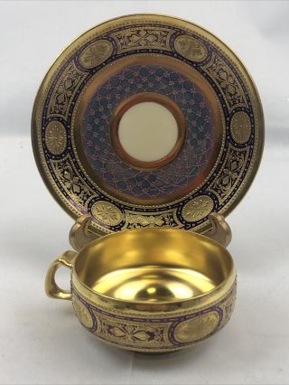 Antique Hirsch Dresden Demitasse Cup & Saucer Raised Beading Gold Design Euc