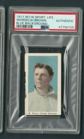 1911 M116 Sporting Life Mordecai Brown Bue Background Psa Authentic Cubs Hof