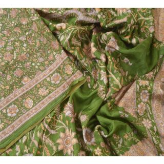 Sanskriti Vintage Green Indian Sari 100 Pure Silk Printed Craft Fabric Sarees