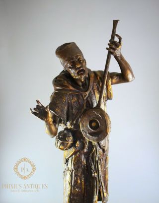 LARGE ANTIQUE FRENCH BRONZED SPELTER FIGURE OF ARAB MUSICIAN 3