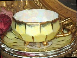 Royal Sealy 3 Footed Yellow Iridescent & Gold Beehive Tea Cup And Saucer Vintage