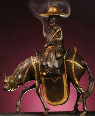 Japanese Incense Burner: Antique " Scholar On His Donkey ",  Gilded Bronze,  1850 Edo