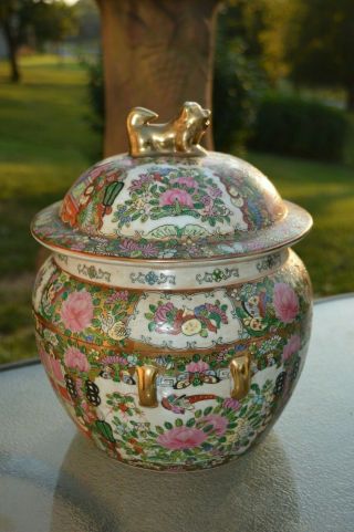 Antique 19th C Chinese Foo Dog Lid Flower Porcelain Covered Ceremony Jar Urn