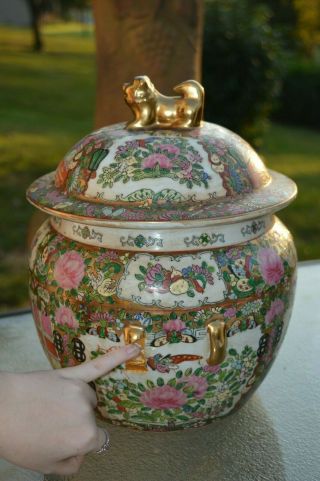 Antique 19th C Chinese Foo Dog Lid Flower Porcelain Covered Ceremony Jar Urn 3