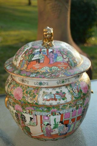 Antique 19th C Chinese Foo Dog Lid Flower Porcelain Covered Ceremony Jar Urn 5