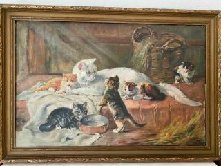 Antique Painting Cat & Kittens Barn O/c American Interior Scene 1920s Signed
