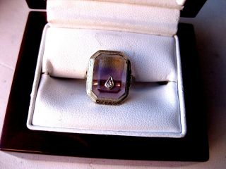 Antique 14k White Gold Ring With Natural Ametrine & Diamond,  Art Deco,  1920 