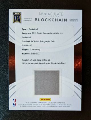 2019 - 20 Immaculate Trae Young Autograph Gold Patch Auto /10 Digital Blockchain