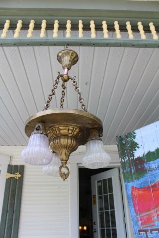 Antique Brass Hanging Ceiling Light Fixture With 3 Shades Arts And Crafts Style