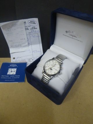 Mens Rotary Moonphase Chronograph Wristwatch And Paperwork.  Runs