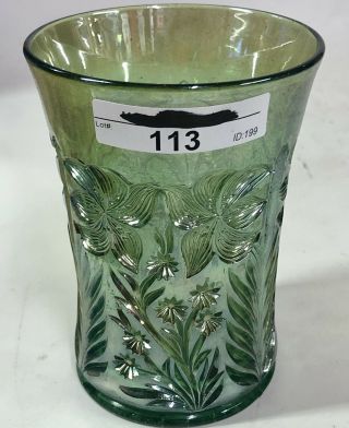 ANTIQUE IMPERIAL CARNIVAL GLASS GREEN TIGER LILLY TUMBLER VINTAGE CUP 2