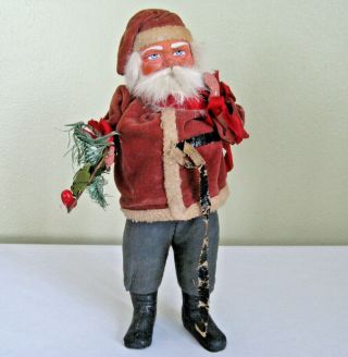 Antique Belsnickle Candy Container Santa Claus Holly & Tree Branch 11 " Tall