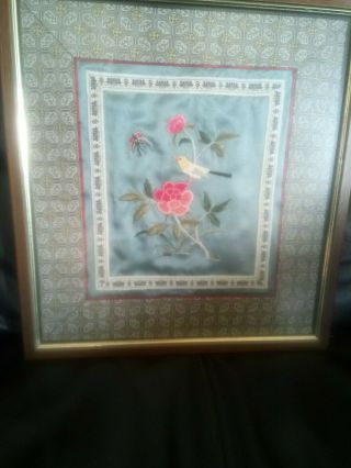 Vintage Chinese Embroidery Silk Framed Picture Of A Bird & Flowers,  Butterfly.