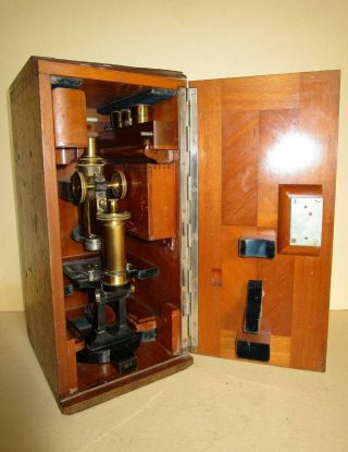 Vintage Antique Carl Zeiss Jena Microscope No.  36228 In Wood Case W/ Lenses