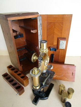 Vintage Antique Carl Zeiss Jena Microscope No.  36228 in Wood Case w/ Lenses 3