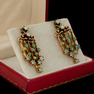 Antique Vintage Art Nouveau 14k Yellow Gold Australian Fire Opal Dangle Earrings