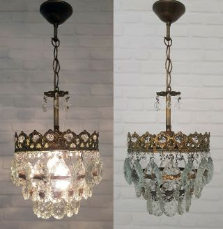 Matching / Antique Vintage Brass & Crystals French Small Chandelier Lamp