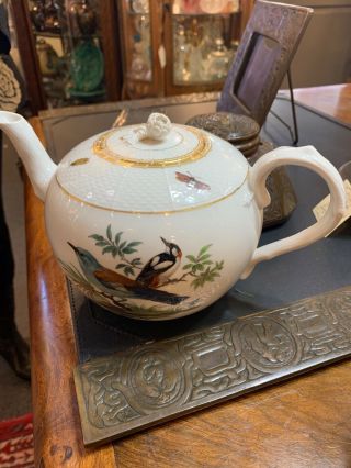 Antique Meissen Hand Painted Porcelain Floral Birds Gold Trim Rose Lid Teapot