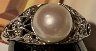 Vintage Pearl And Diamond Ring 18k White Gold