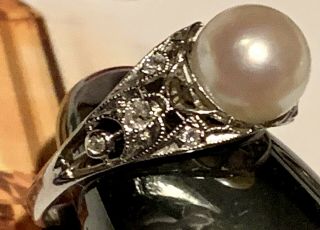 Vintage Pearl and Diamond Ring 18k White Gold 2